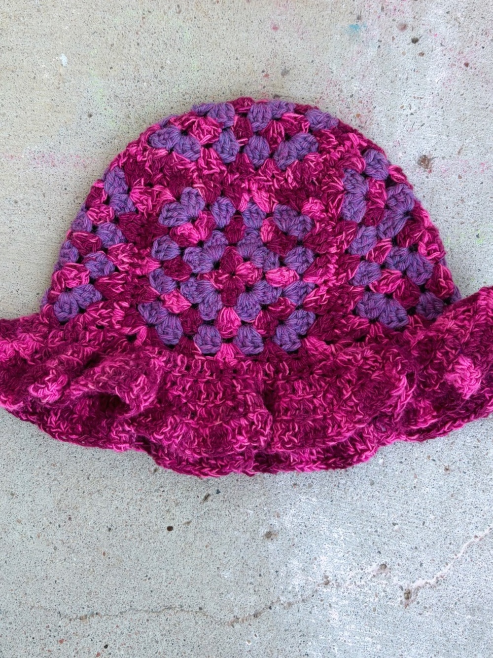 Kids Handmade Crochet Pink and Purple Granny Square Bucket Hat with Ruffle